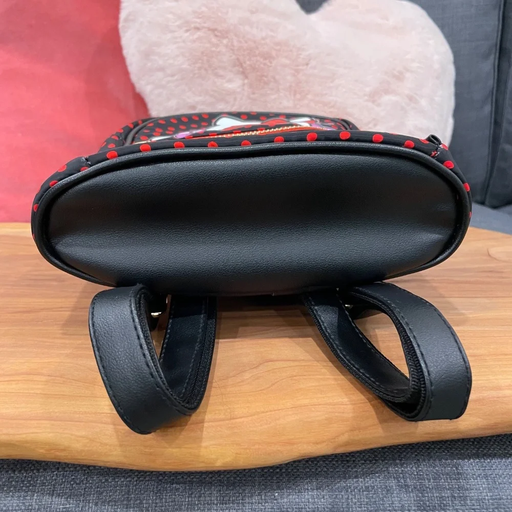 HELLO KITTY Sanrio Mini Backpack with Zipped Front Pocket Black Red Polka Dots - Picture 7 of 15